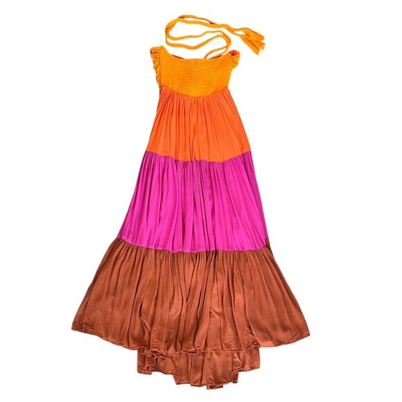 Farm Rio Women’s Color Block Orange Pink Halter Tie Cutout Bust Maxi Dress Small - Picture 7 of 14